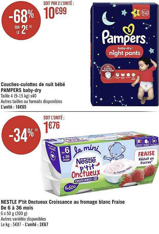 couches-culottes de nuit bébé pampers baby-dry nestlé p'tit onctueux croissants au fromage blanc fraise de 6 à 36 mois