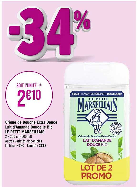 crème de douche extra douce lait d'amande douce le bio le petit marseillais