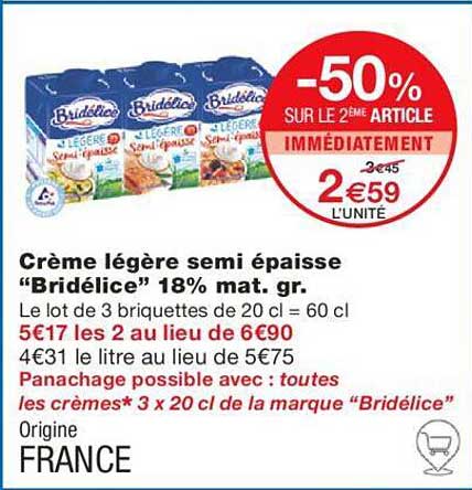 crème légère semi épaisse "bridélice" 18% mat.gr.