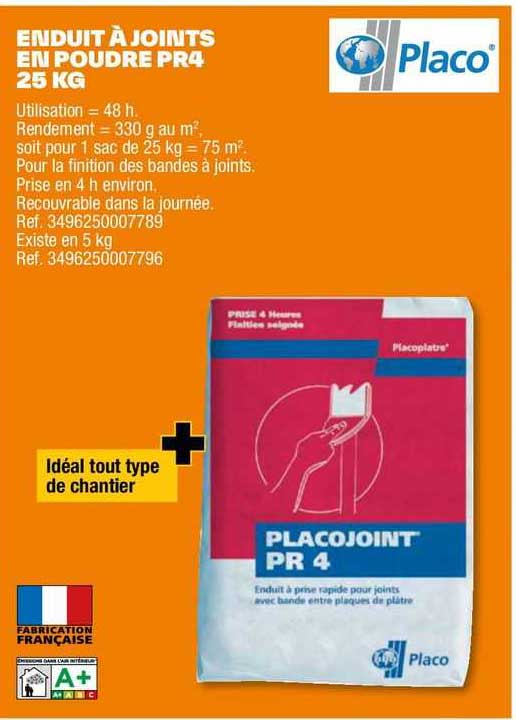 enduit à joints en poudre pr4 25 kg placo