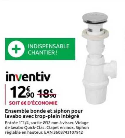 ensemble bonde et siphon pour lavabo avec trop-plein intégré inventiv