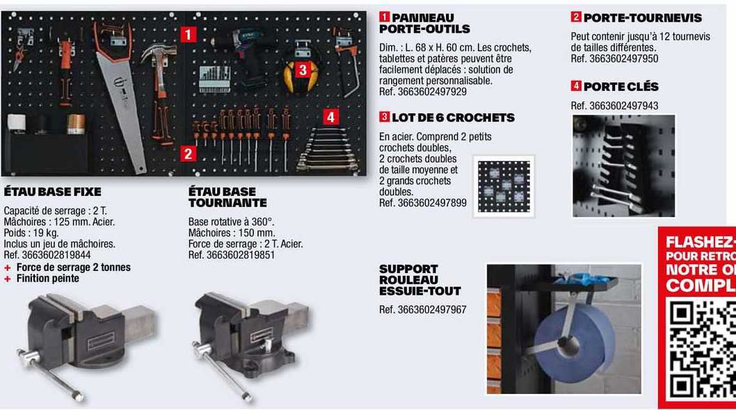 étau base fixe, étau base tournante, panneau porte-outils, lot de 6 crochets, support rouleau essuie-tout, porte-tournevis, porte clés