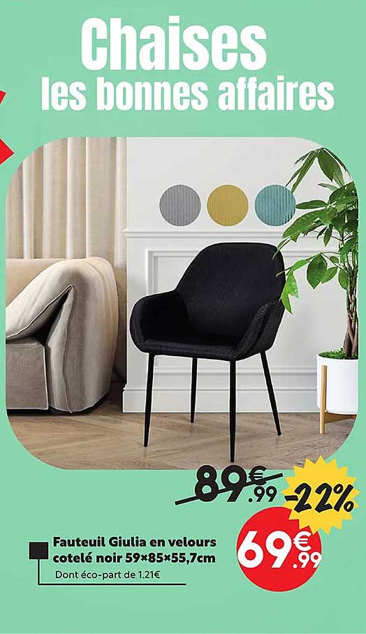 fauteuil giulia en velours côtelé noir 59 x 85 x 55,7 cm