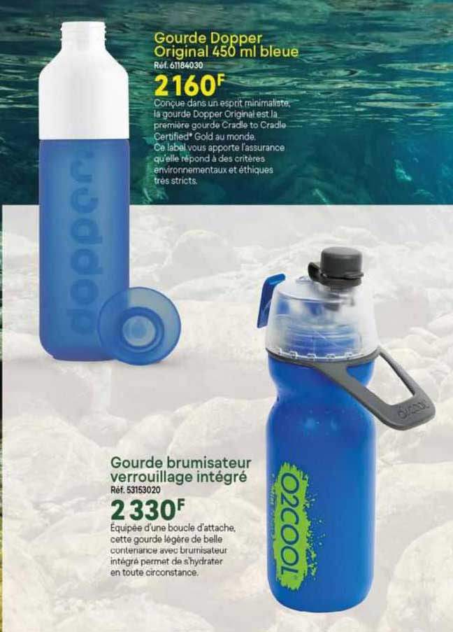 gourde dopper original 450 ml bleue, gourde brumisateur verrouillage intégré