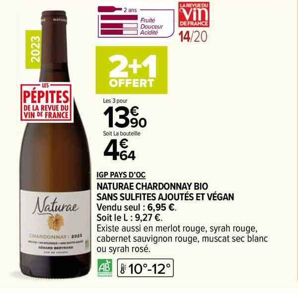 igp pays d'oc naturae chardonnay bio sans sulfites ajoutés et végan