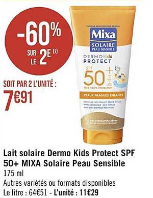 lait solaire dermo kids protect spf 50+ mixa solaire peau sensible