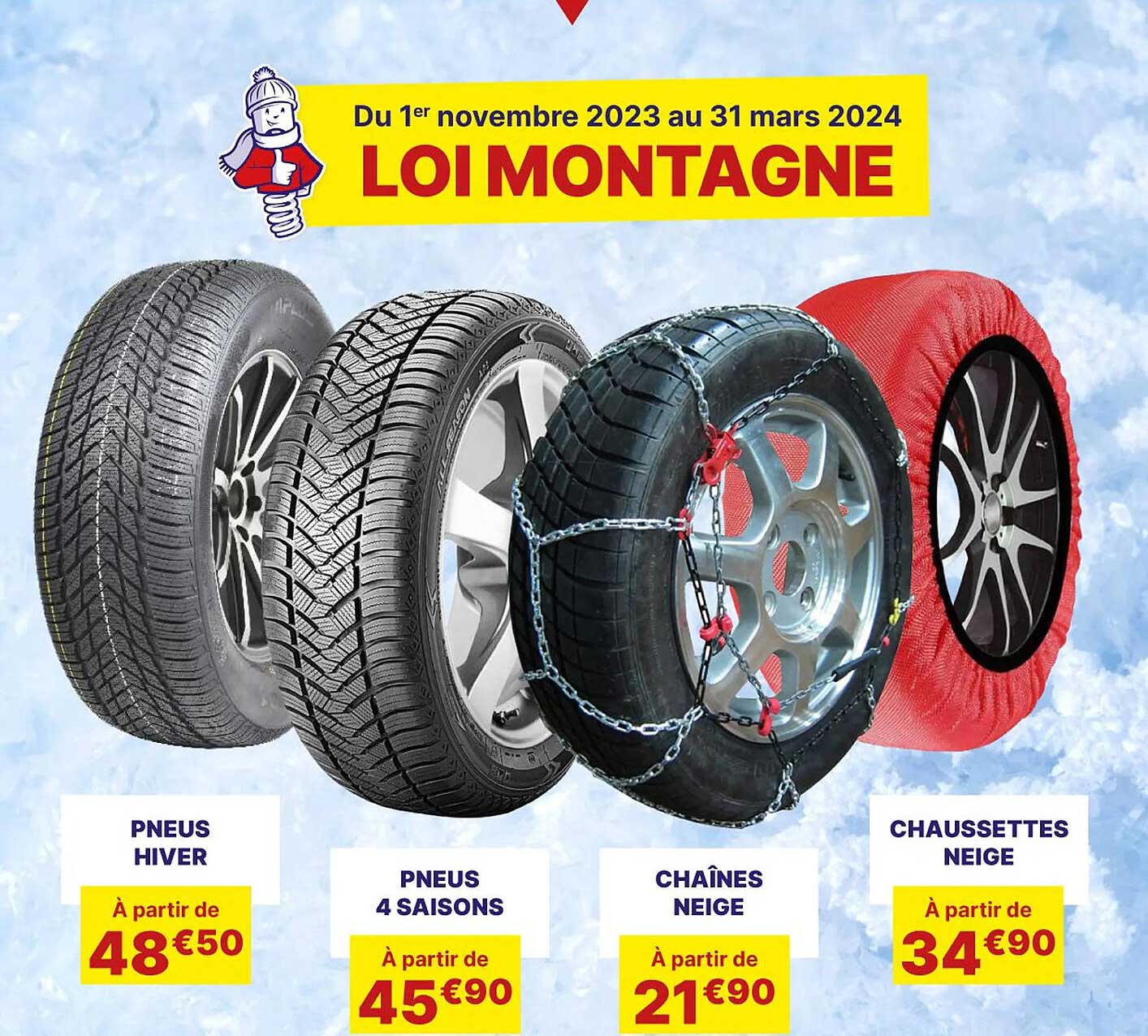 loi montage : pneus hiver, pneus 4 saisons, chaînes neige, chaussettes neige