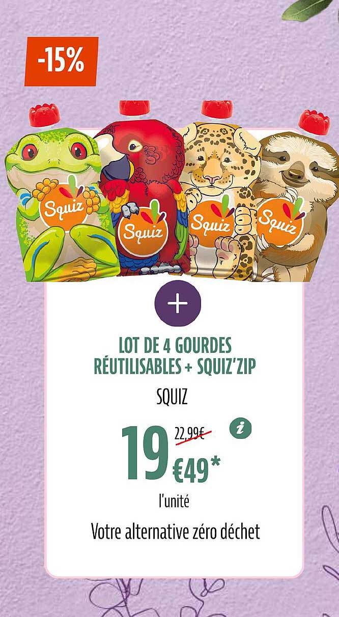 lot de 4 gourdes réutilisables + squiz'zip squiz