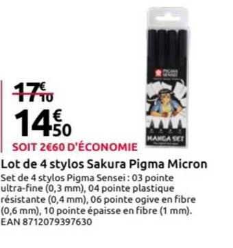 lot de 4 stylos sakura pigma micron