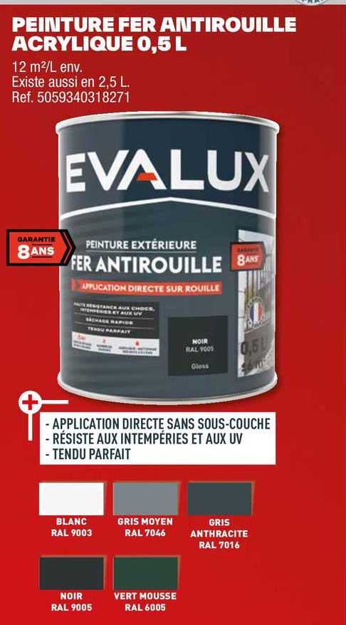 peinture antirouille acrylique 0,5 l evalux