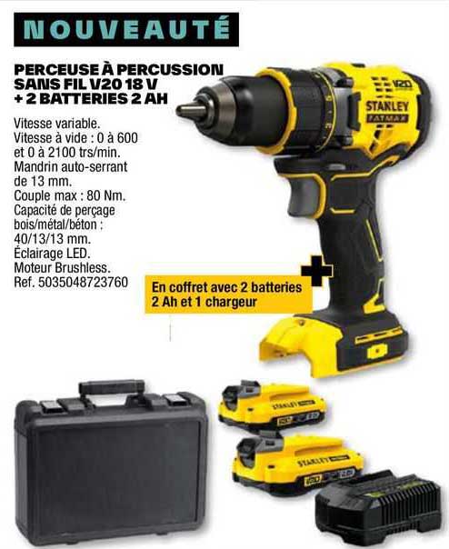 perceuse à percussion sans fil v20 18 v + 2 batteries 2 ah stanley fatmax