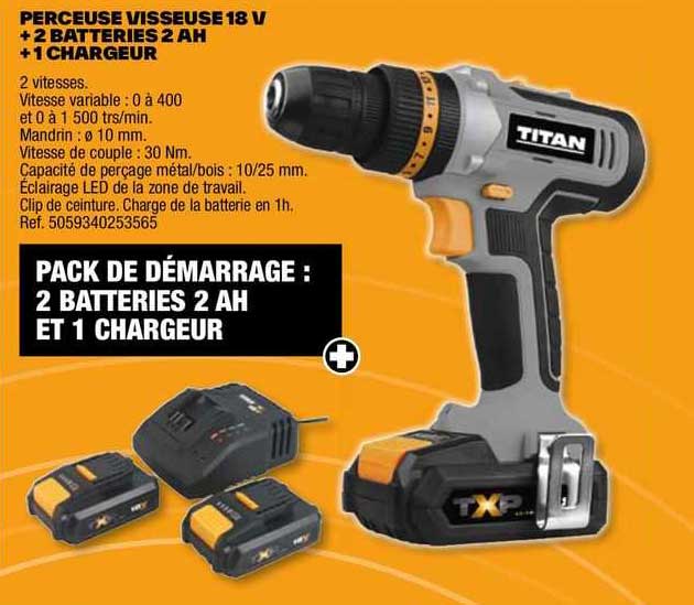 Perceuse Visseuse 18 V + 2 Batteries 2 Ah + 1 Chargeur Titan