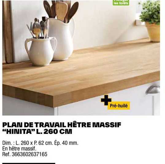 plan de travail hêtre massif "hinita" l. 260 cm