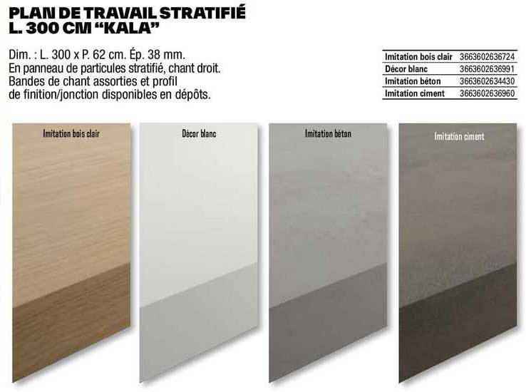 plan de travail stratifié l. 300 cm "kala"