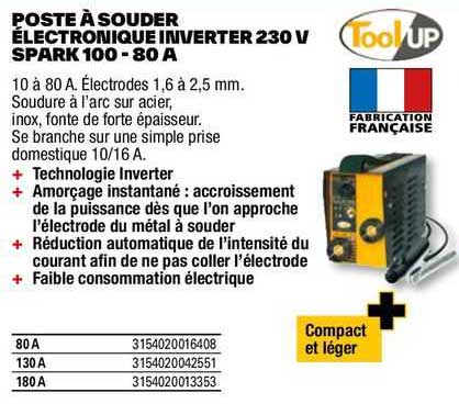 poste à souder électronique inverter 230 v spark 100 - 80 a toolUP