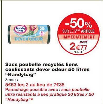 sacs poubelle recyclés liens coulissants devor odeur 50 litres "handybag"