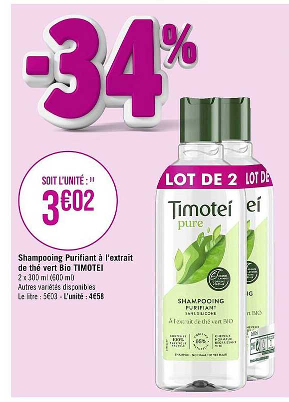 shampooing purifiant à l'extrait de thé vert bio timotei