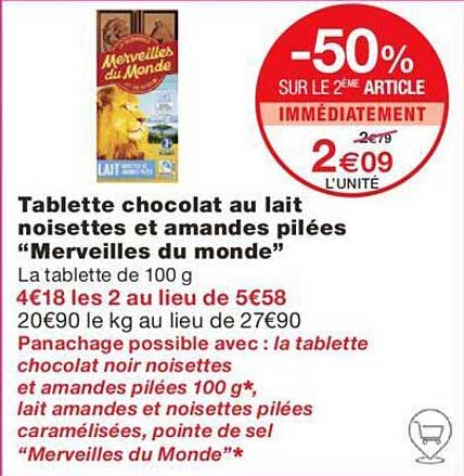 tablette chocolat au lait noisettes et amandes pilées "merveilles du monde"