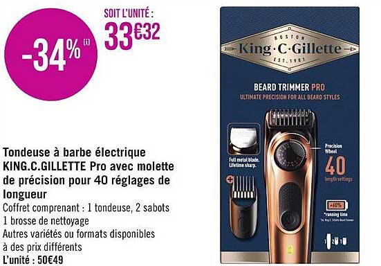 tondeuse à barbe électrique king. c. gillette pro avec molette de précision pour 40 réglages de longueur