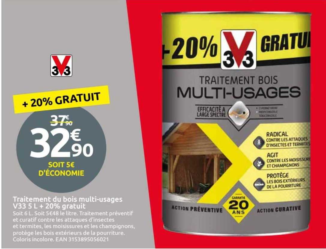 Traitement Du Bois Multi-usages V33 5 L + 20% Gratuit