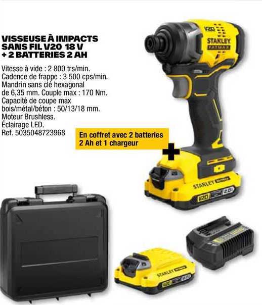 visseuse à impacts sans fil v20 18 v + 2 batteries 2 ah stanley fatmax