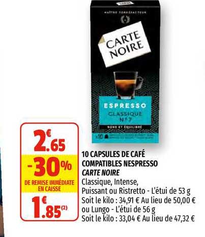 10 capsules de café compatibles nespresso carte noire