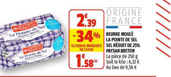 beurre moulé la pointe de sel sel réduit de 25% paysan breton