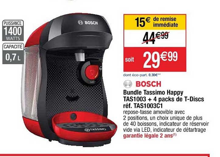 bundle tassimo happy tas1003 + 4 packs de t-discs bosch