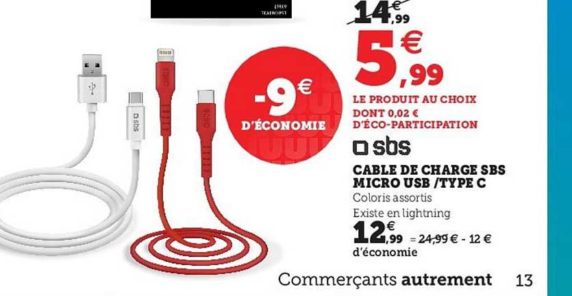cable de charge sbs micro usb - type c