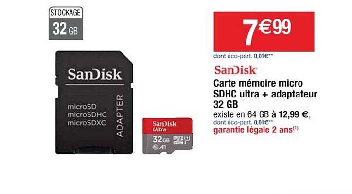carte mémoire micro sdhc ultra + adaptateur 32 gb sandisk