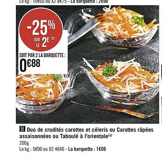 Duo De Crudites carottes et celeris ou carottes rapees assaisonnees ou taboule a l'orientale