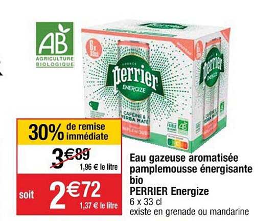 Eau Gazeuse Aromatisée Pamplemousse énergisante Bio Perrier Energize