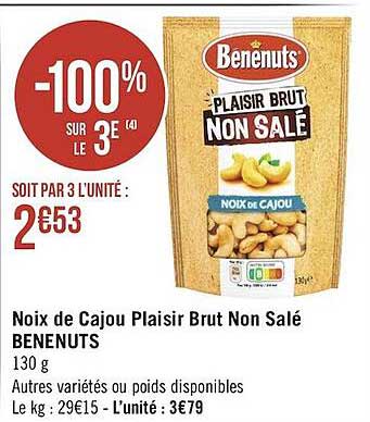 noix de cajou plaisir brut non salé bénénuts