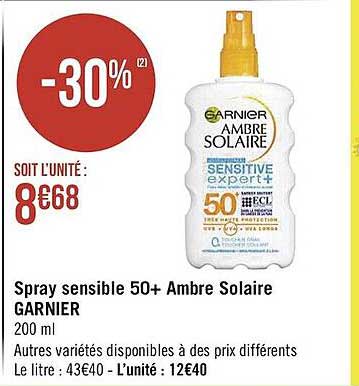 spray sensible 50+ ambre solaire garnier