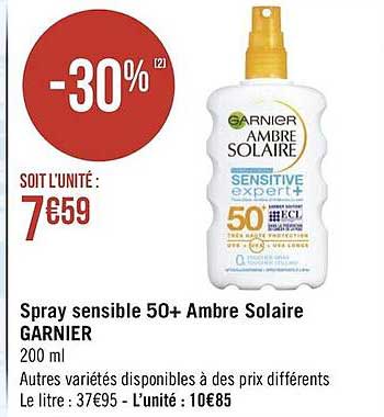 spray sensible 50+ ambre solaire garnier