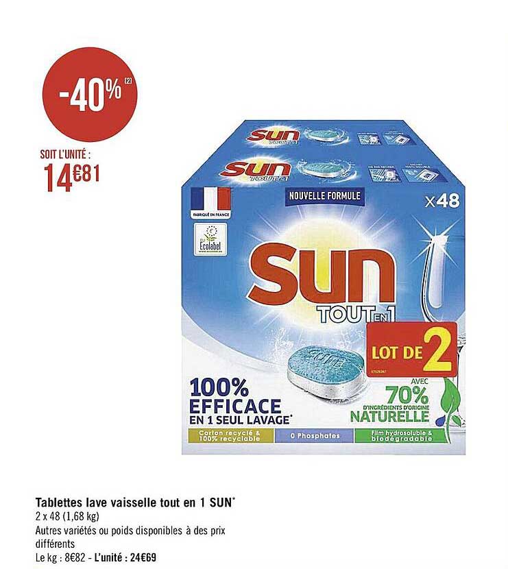 tablettes lave vaisselle tout en 1 sun