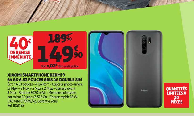 xiaomi smartphone redmi - 64 go 6.53 pouces gris 4g double sim