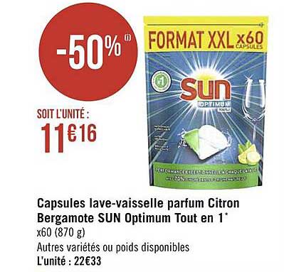 capsules lave-vaisselle parfum citron bergamote sun optimum tout en 1