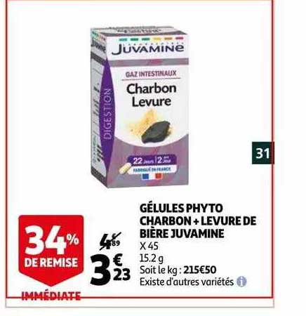 gélules phyto charbon + levure de bière juvamine