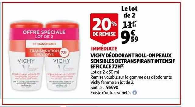 vichy déodorant roll-on peaux sensibles detranspirant intensif efficace 72h