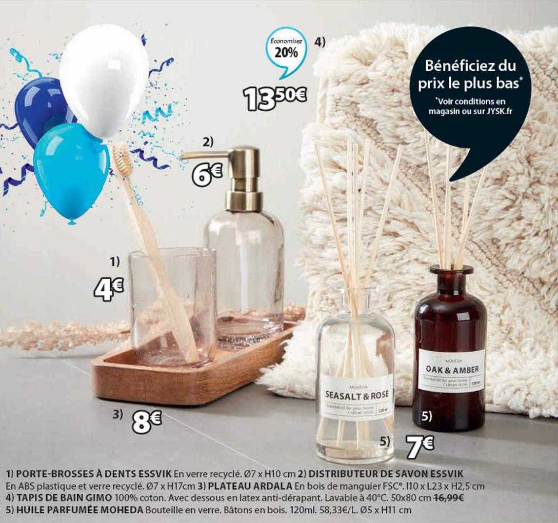 porte-brosses à dents essvik, distributeur de savon essvik, plateau ardala, tapis de bain gimo, huile parfumée moheda