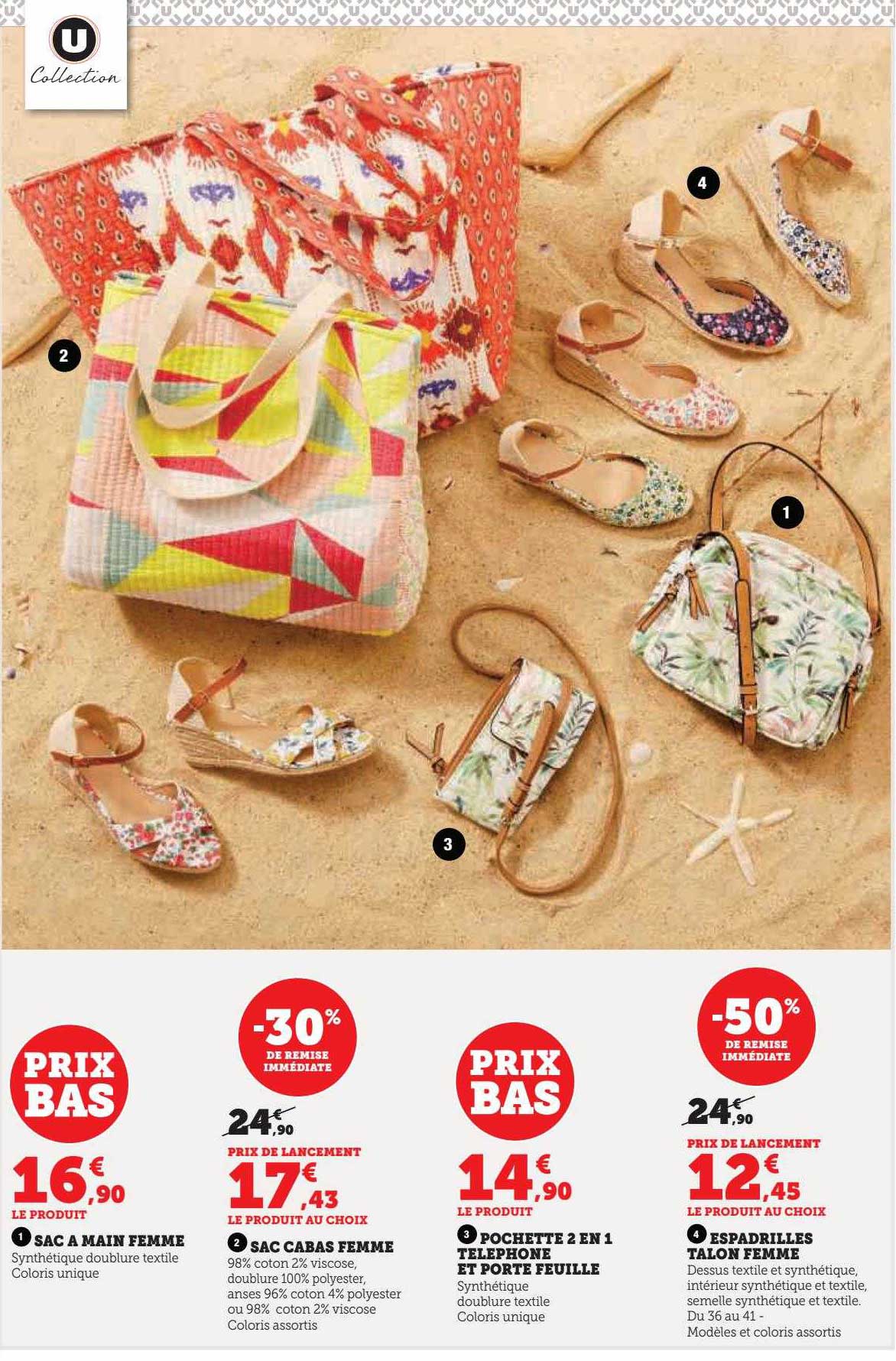 sac à main femme u collection, sac cabas femme u collection, pochette 2 en 1 téléphone et porte feuille u collection, espadrilles talon femme u collection