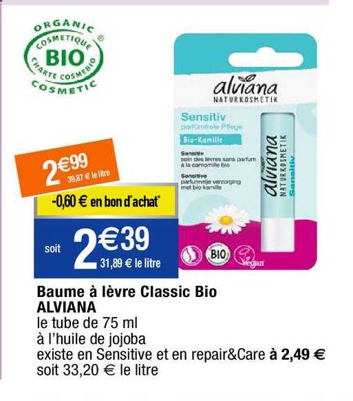 baume à lèvre classic bio alviana
