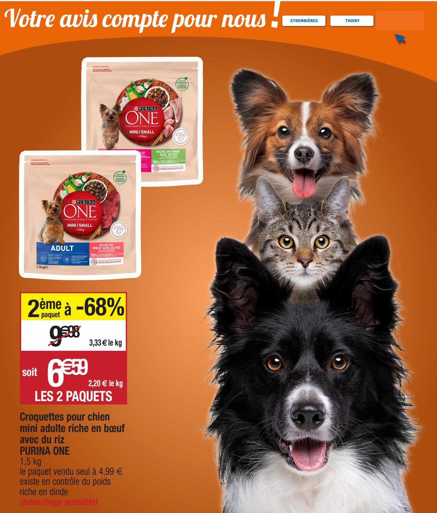 croquettes pour chien mini adulte riche en bœuf avec du riz purin one