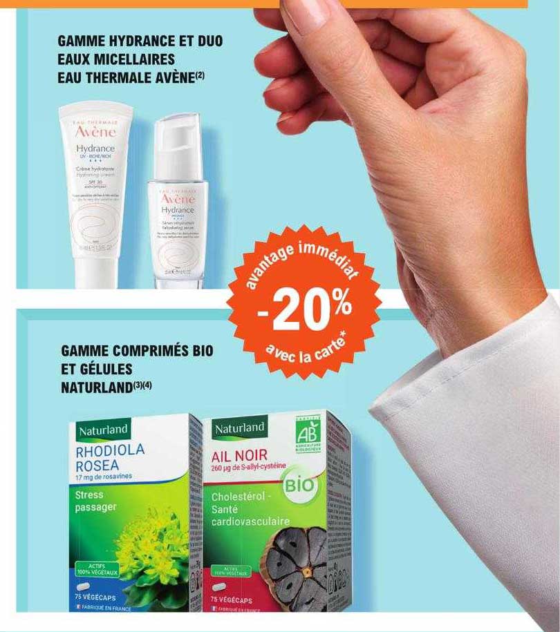 gamme hydrance et duo eau micellaires eau thermale avène, gamme comprimés bio et gélules naturland