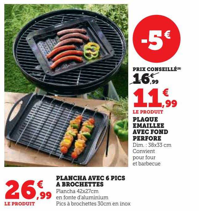 plaque émaillée avec fond perforé, plancha avec 6 pics à brochettes