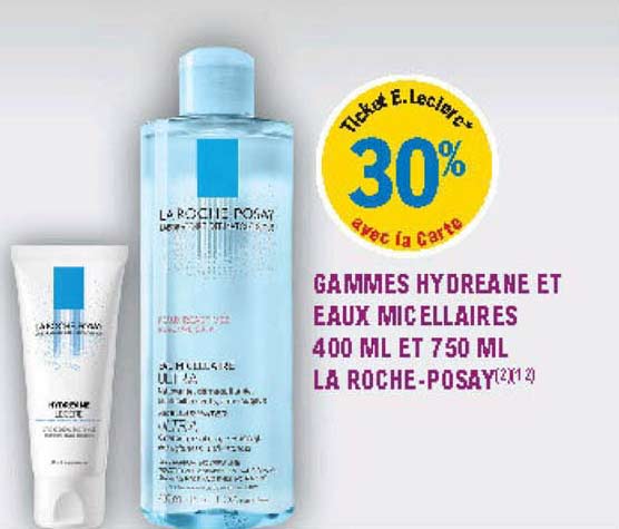 30% gammes hydreane at eaux micellaires 400 ml et 750 ml la roche-posay
