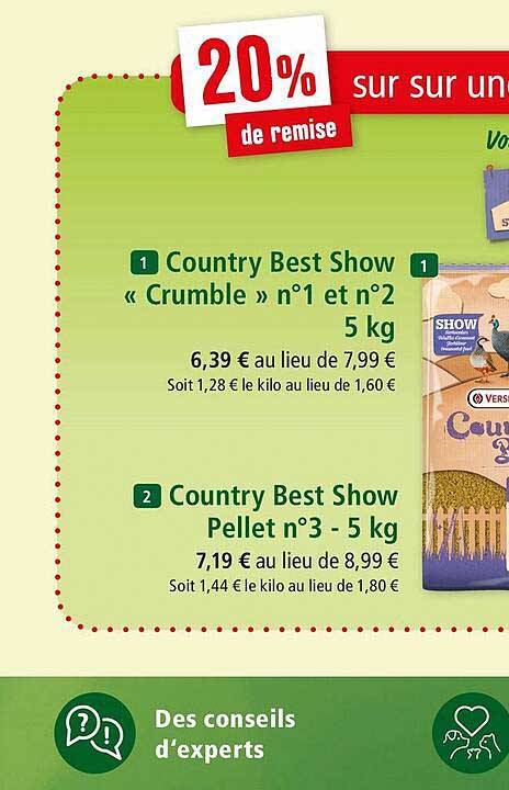 country best show "crumble" n°1 et n°2 5 kg, country best show pellet n°3 - 5 kg