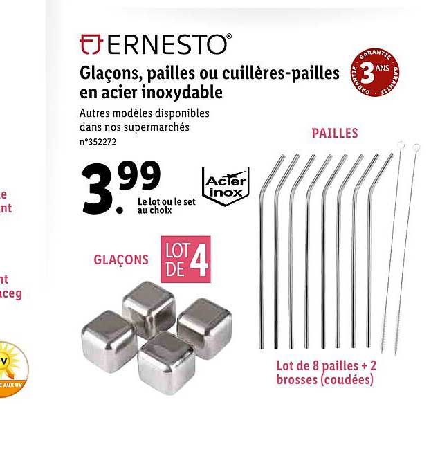 glaçons, pailles ou cuillères-pailles en acier inoxydable ernesto