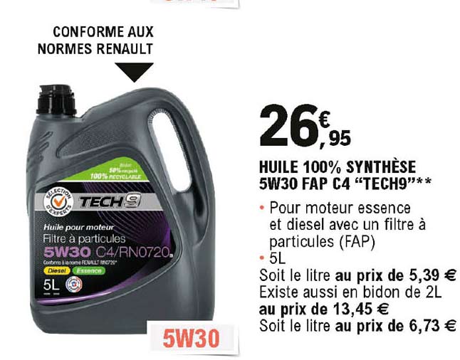 huille 100% synthèse 5w30 fap c4 "tech9"